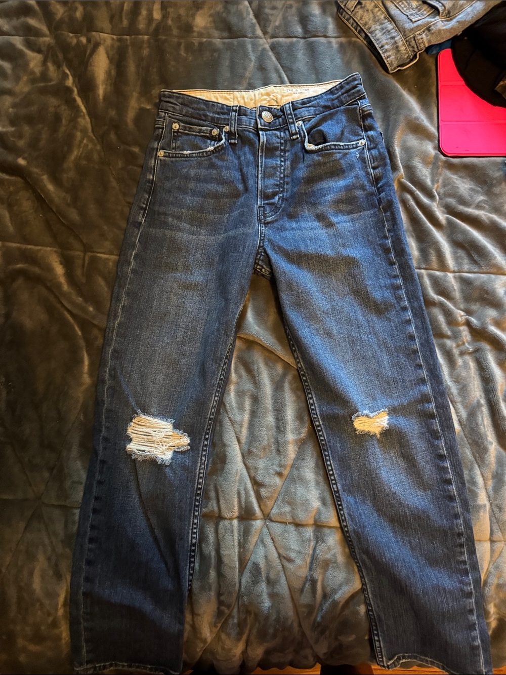 rag & bone Dark Blue Straight-Leg Distressed Jeans